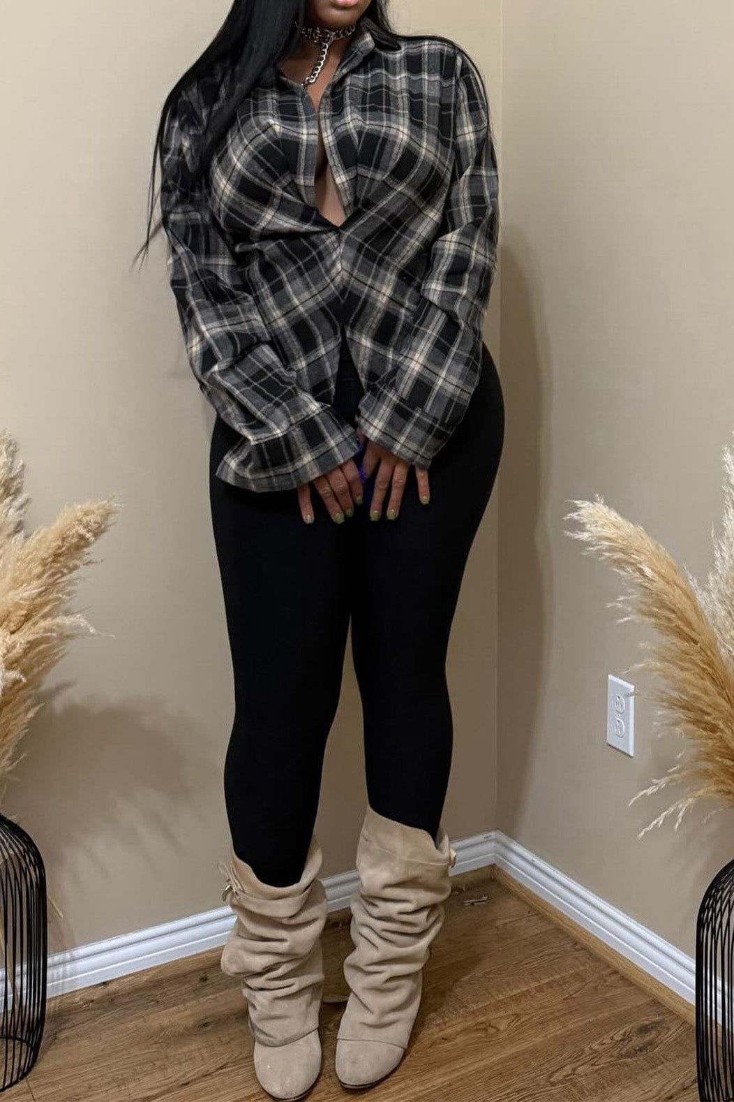 Plaid V-Neck Fold-Sleeve Split Hem Top Lavish Daily