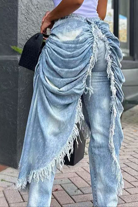 Draped Frayed Overlay Denim Jeans Lavish Daily