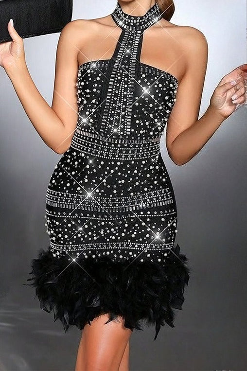 Rhinestone Halter Feather Trim Mini Dress Lavish Daily