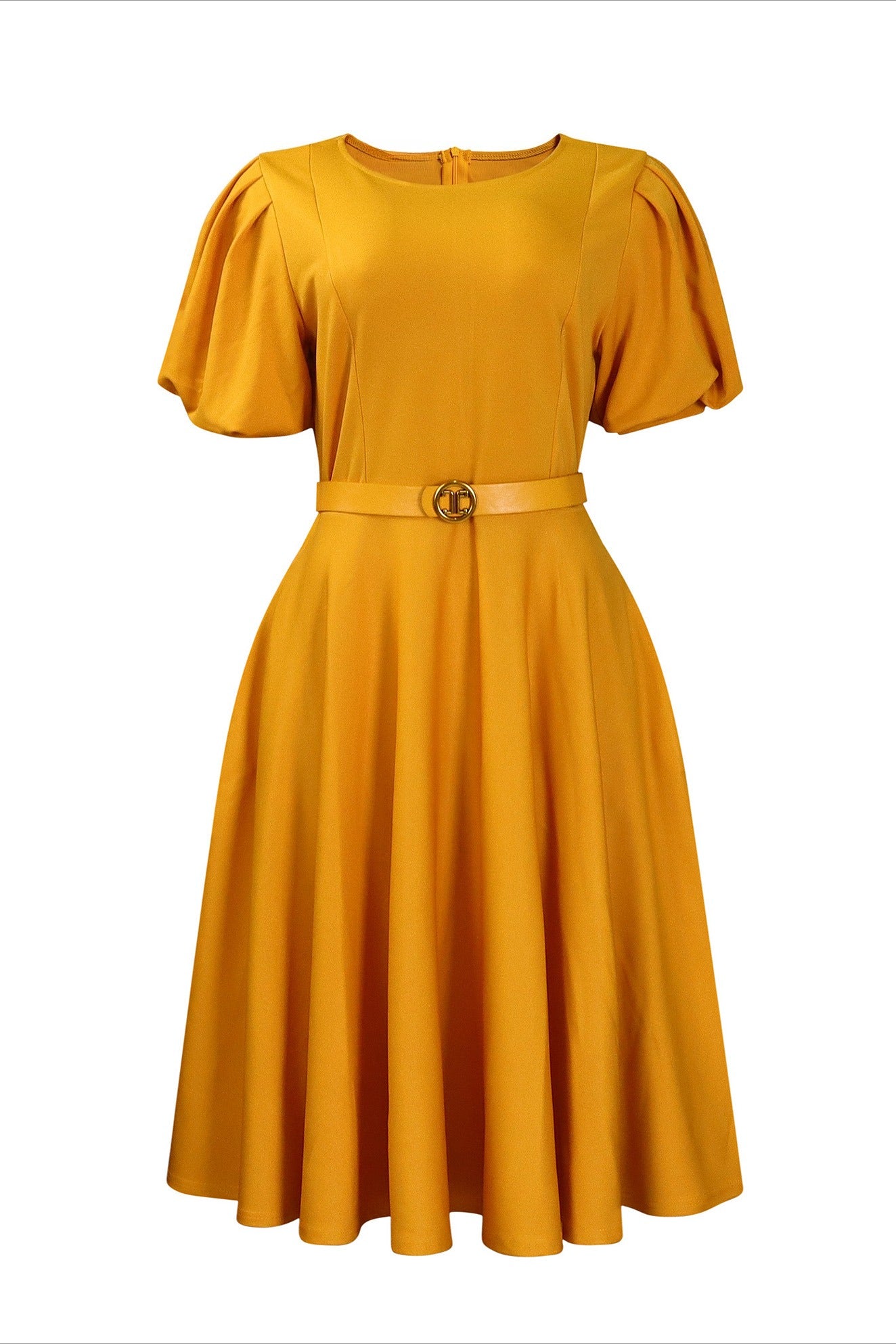 Puff-Sleeve Belted A-Line Midi Dress Lavish Daily