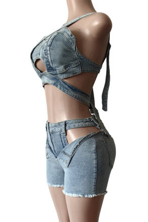 Denim Top & Cut Out Shorts Set Lavish Daily