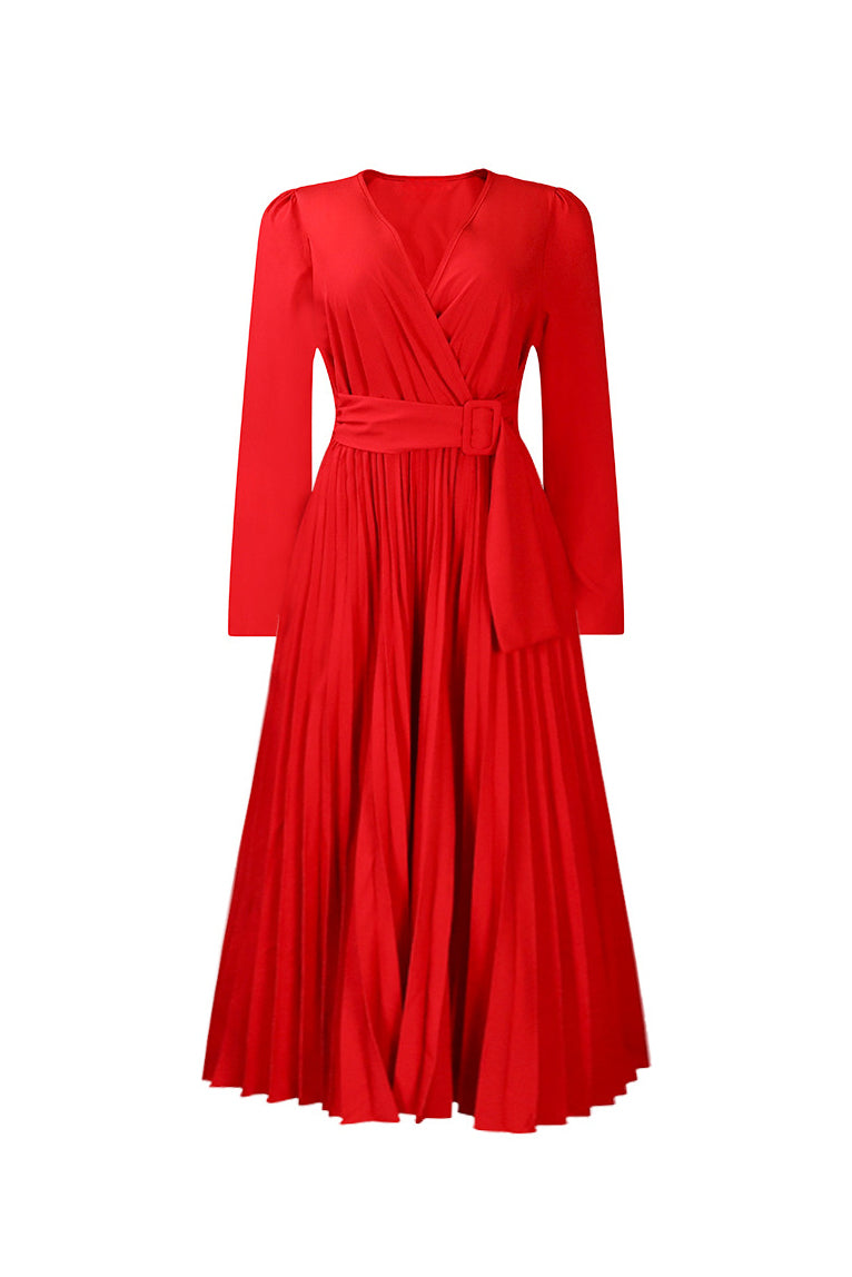 V Neck Long Sleeve Pleated Midi Dress Lavish Daily