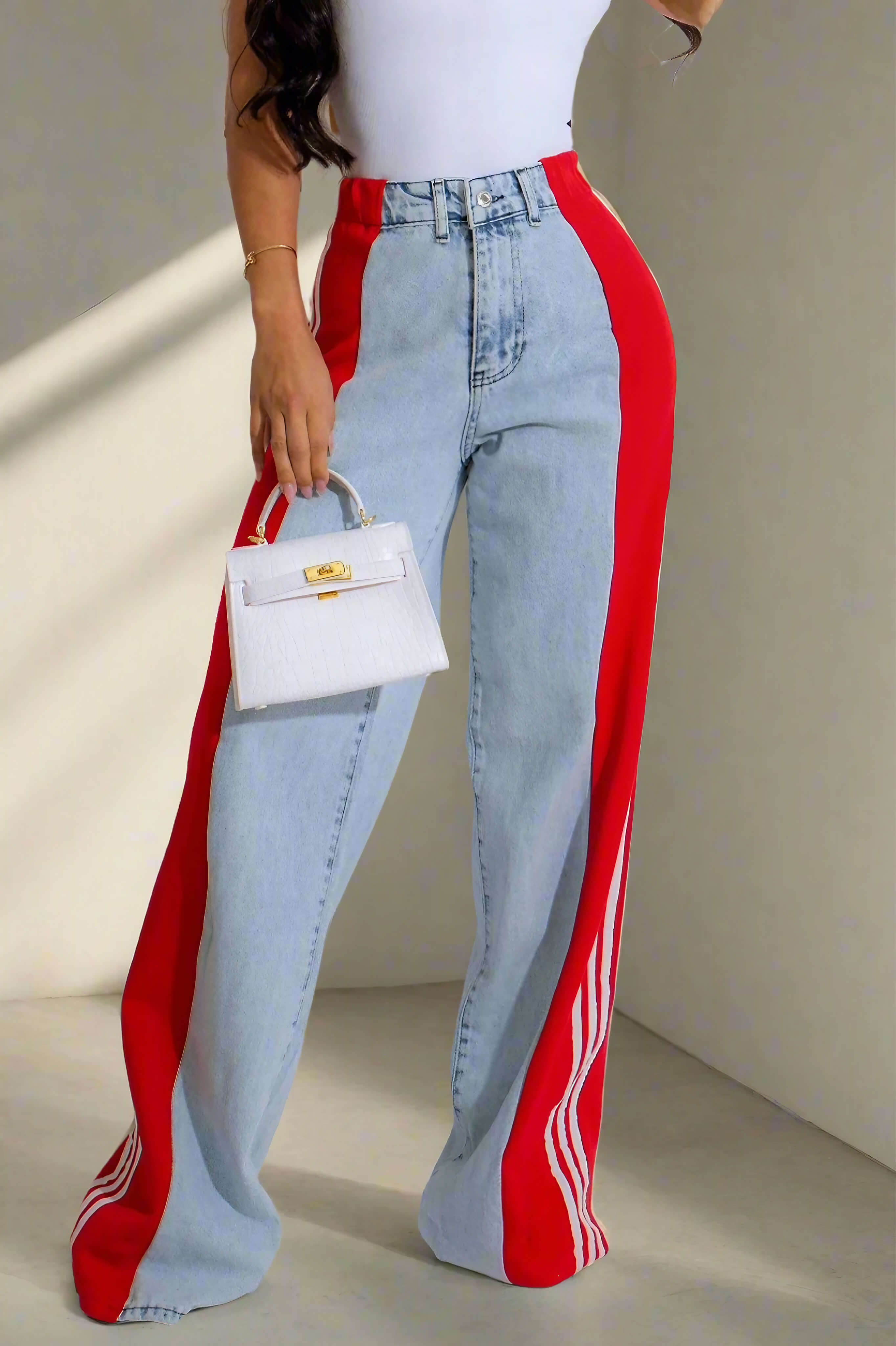 Wide Jeans with Wide Contrast Side Lines-Light Blue Lavish Daily