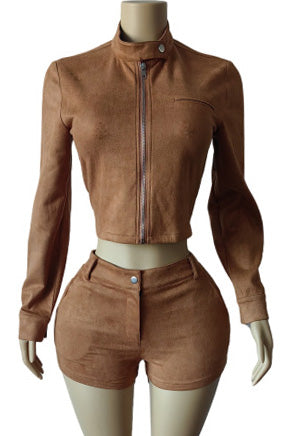 Long Sleeve Stretch Suede Shorts Set Lavish Daily