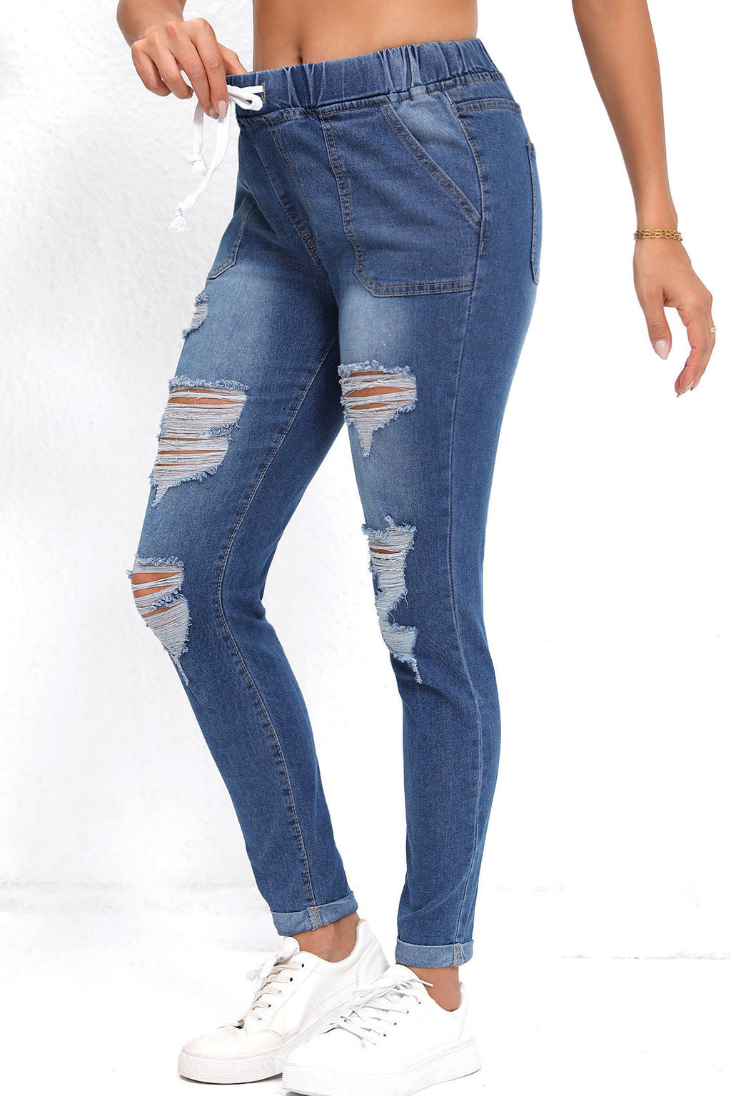 Drawstring Waist Ripped Roll Up Hem Skinny Jeans Lavish Daily