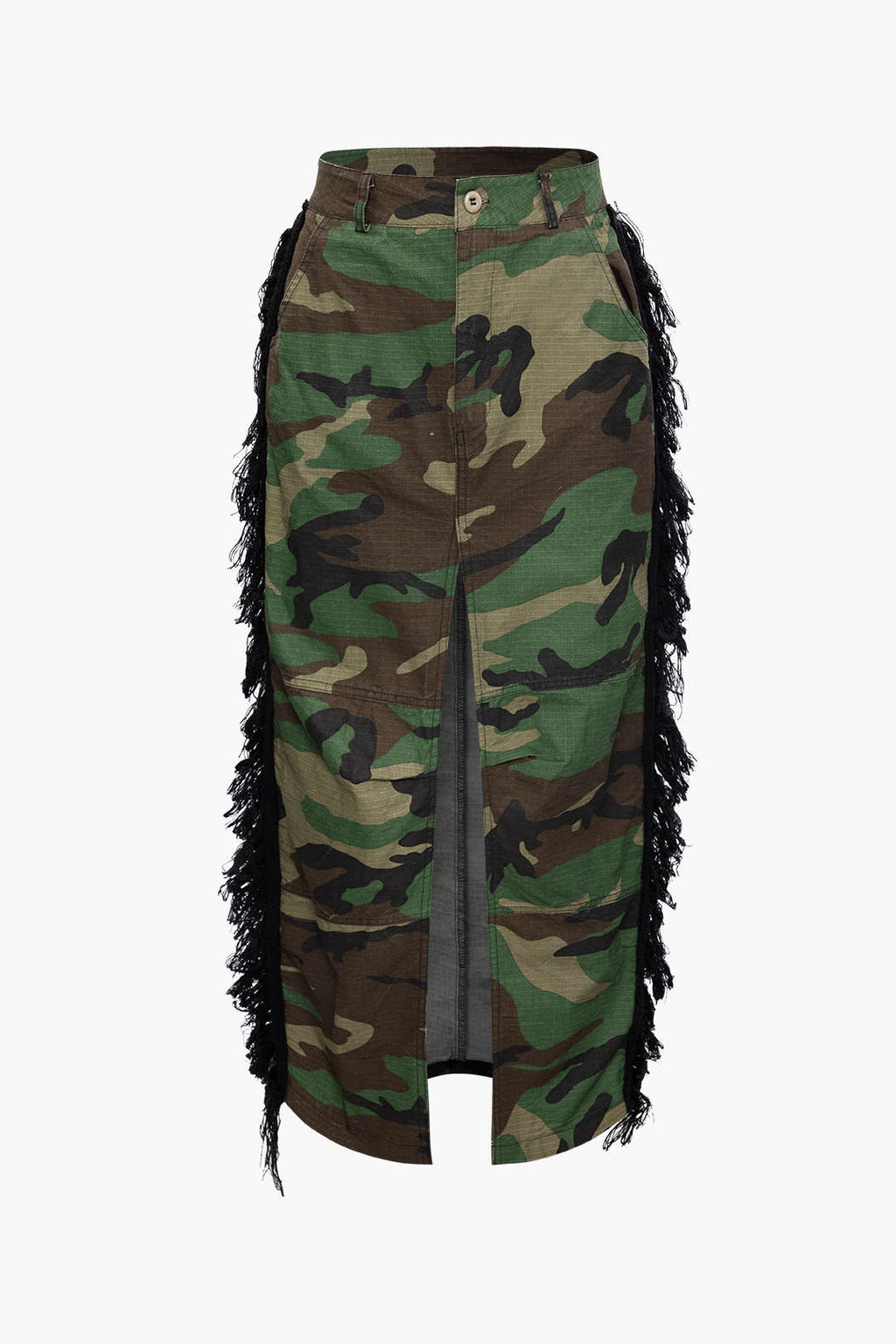 Camo Fringe Split Midi Skirts Lavish Daily