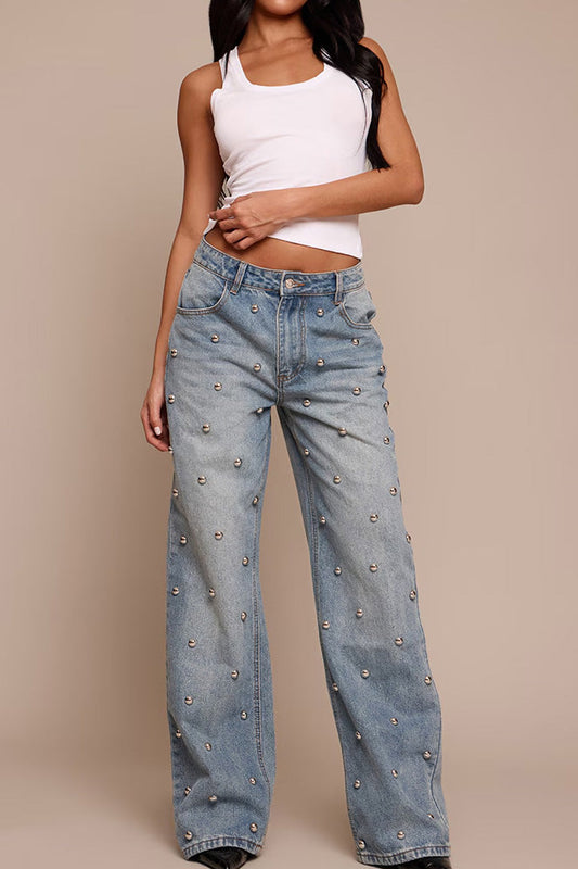 Studded High Waist Straight Leg Jeans Lavish Daily