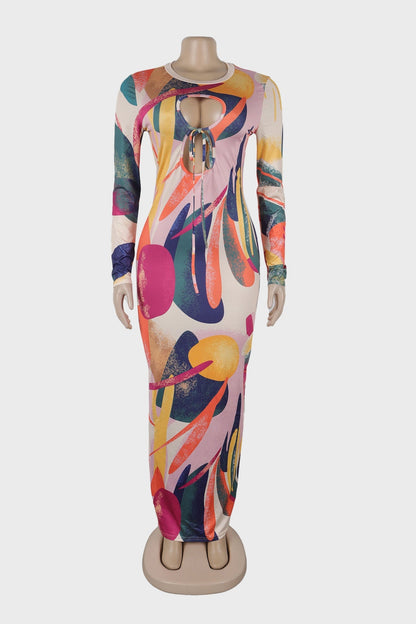 Print Hollow Bodycon Elastic Long Sleeve Dress Lavish Daily