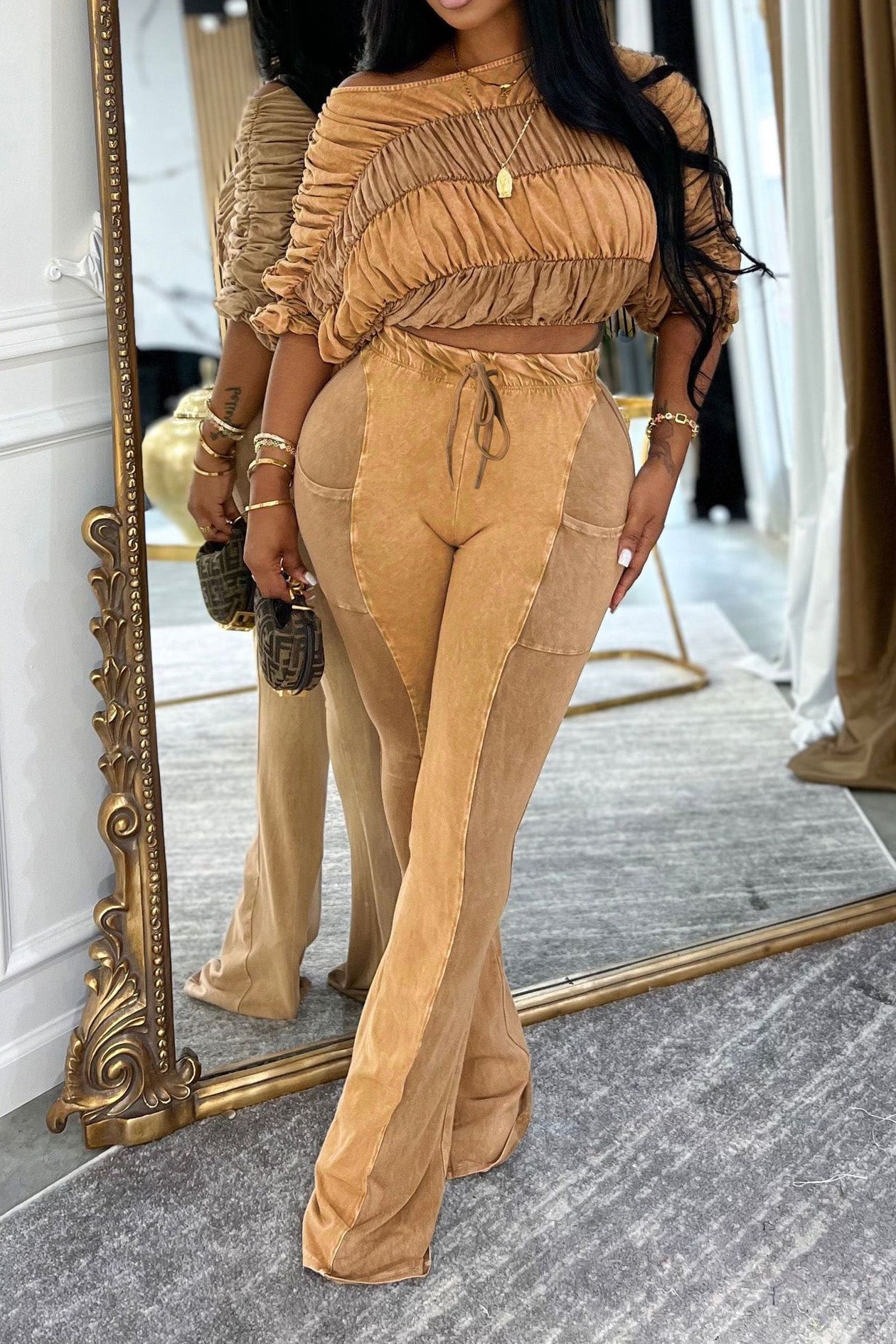 Ruched Crop Top and Lounge Pant Set Lavish Daily