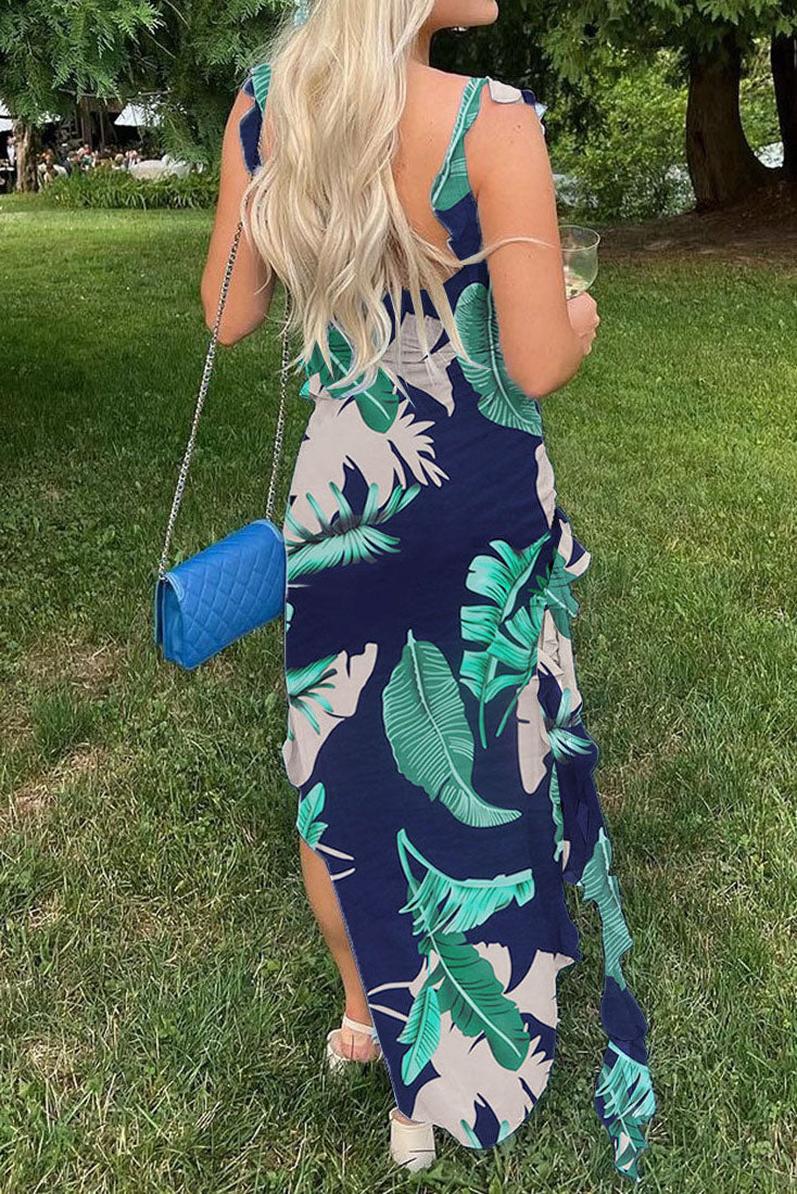 Long Strapless Dress With Slits and Tropical Print Lavish Daily