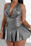 Foil Halter Flare Mini Dress Lavish Daily