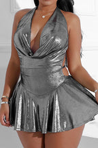 Foil Halter Flare Mini Dress Lavish Daily