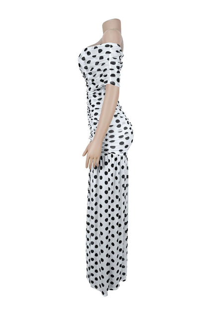 Off-Shoulder Polka Dot Ruched Maxi Dress Lavish Daily