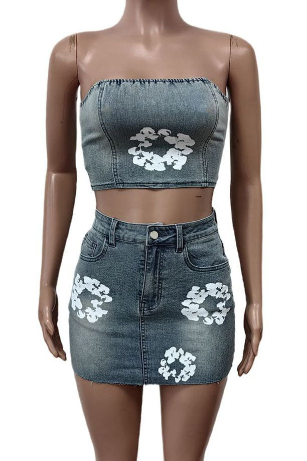 Printed Strapless Elastic Denim Skirt Set Lavish Daily