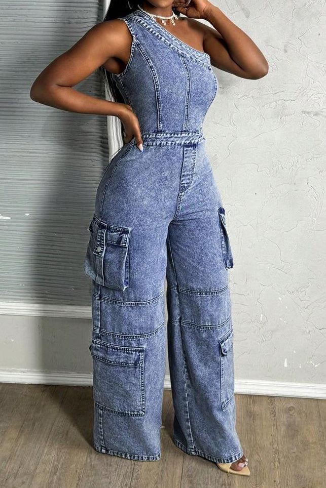 One Shoulder Stretch Denim Jumpsuit Lavish Daily