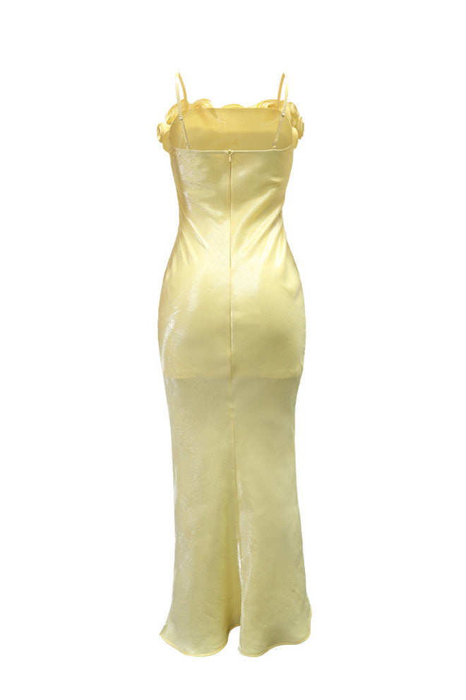 3D Floral Rosette Satin Maxi Dress Lavish Daily