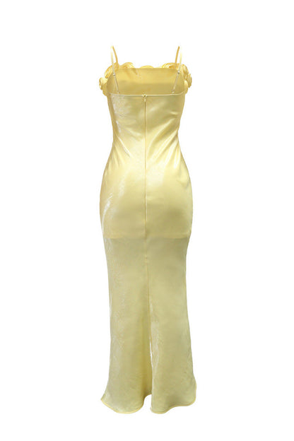 3D Floral Rosette Satin Maxi Dress Lavish Daily
