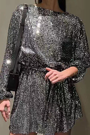 Sequin Tie Waist Long Sleeve Mini Dress Lavish Daily