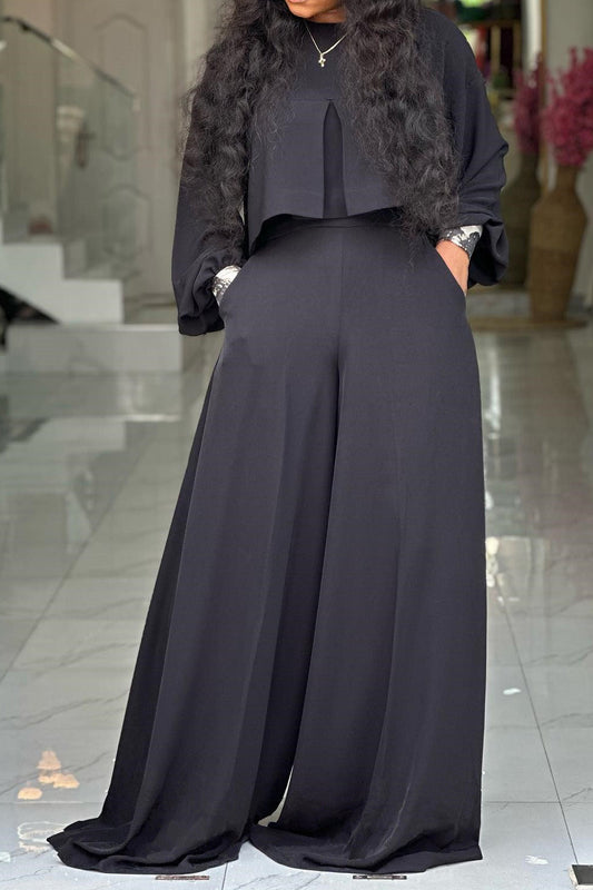 Plus Size Lantern Sleeve Wide Leg Pant Set Lavish Daily