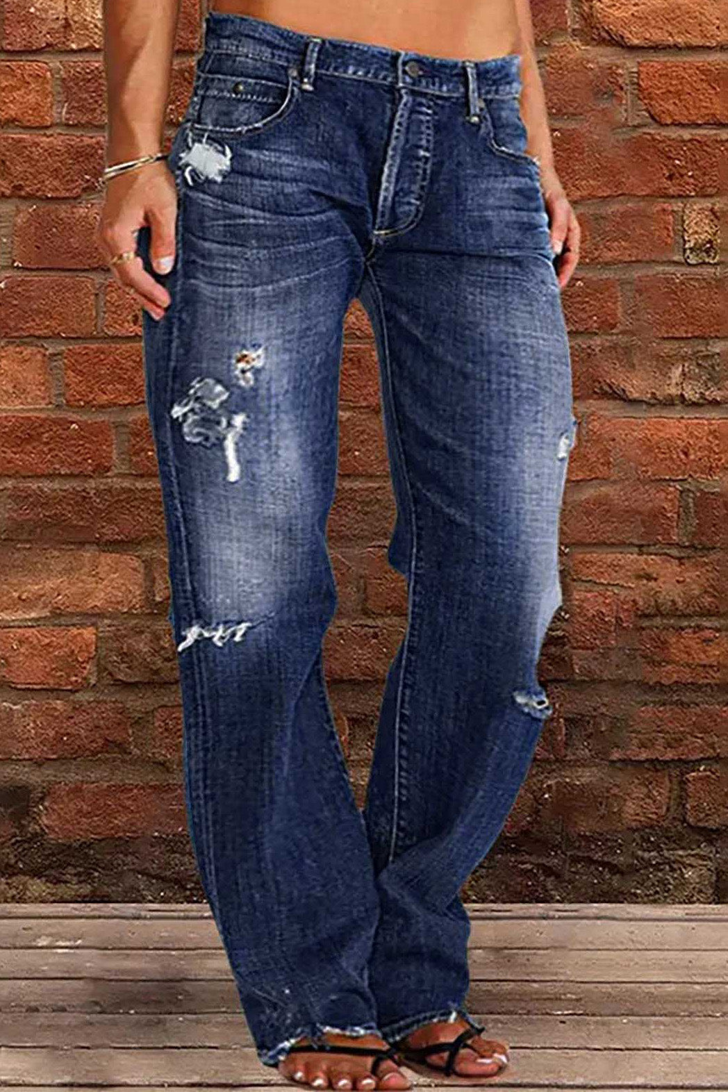 Distressed Mid-Rise Straight Leg Jeans Lavish Daily