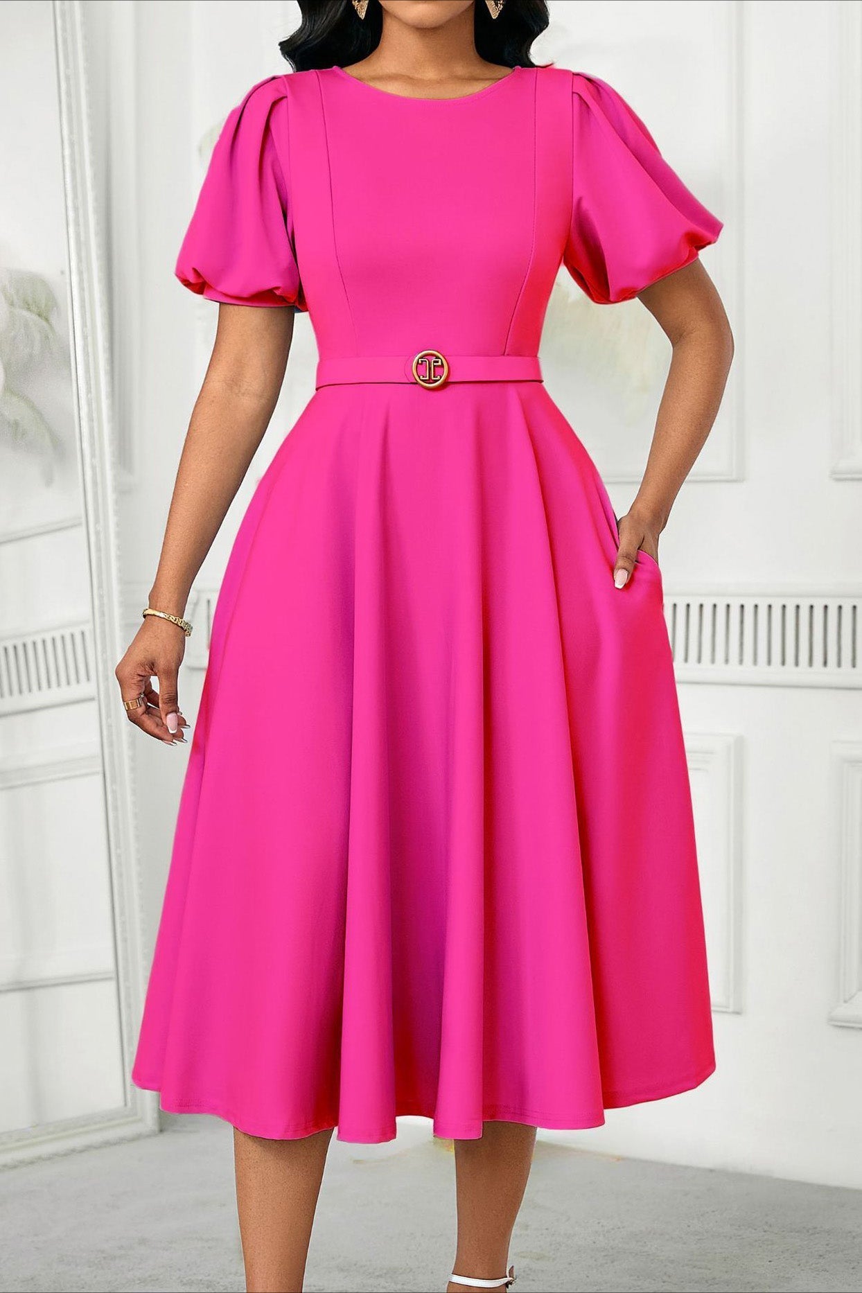 Puff Sleeve High Waist Solid Round Neck Dress Lavish Daily
