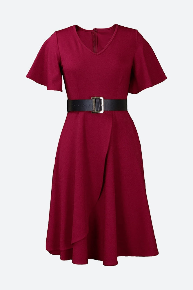 Bell Sleeve Solid Color Belt Dress Lavish Daily