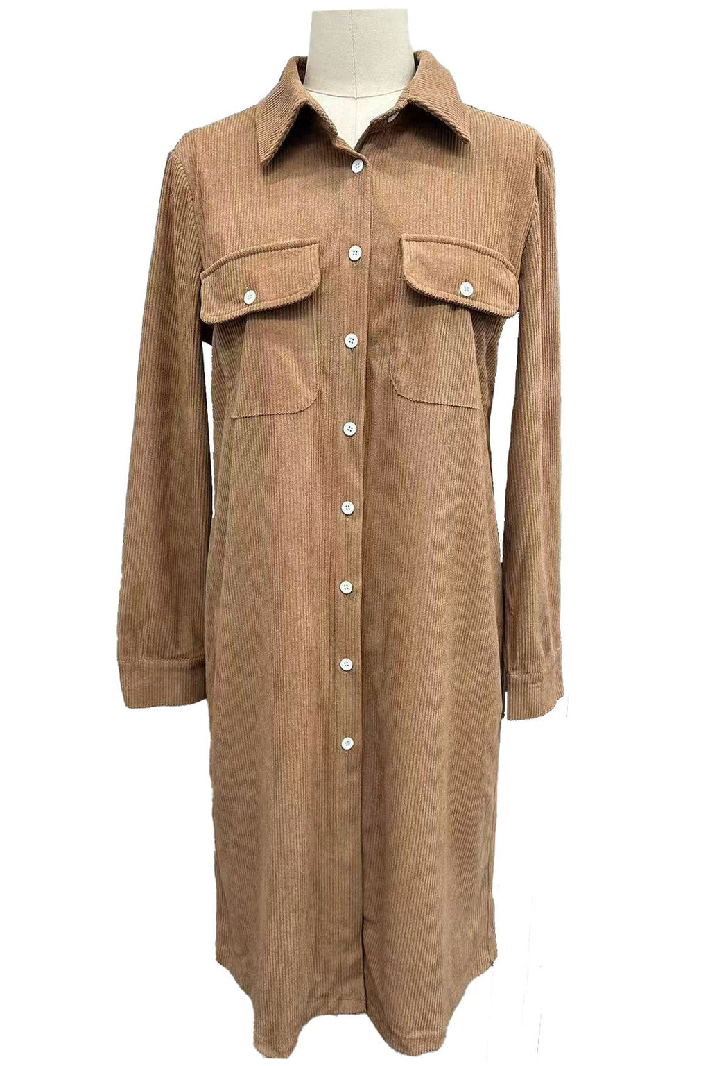 Single Breasted Pocket Shirt Style Midi Dress LavishDaily