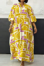 Print Buttons Basic V Neck Long Dresses Lavish Daily