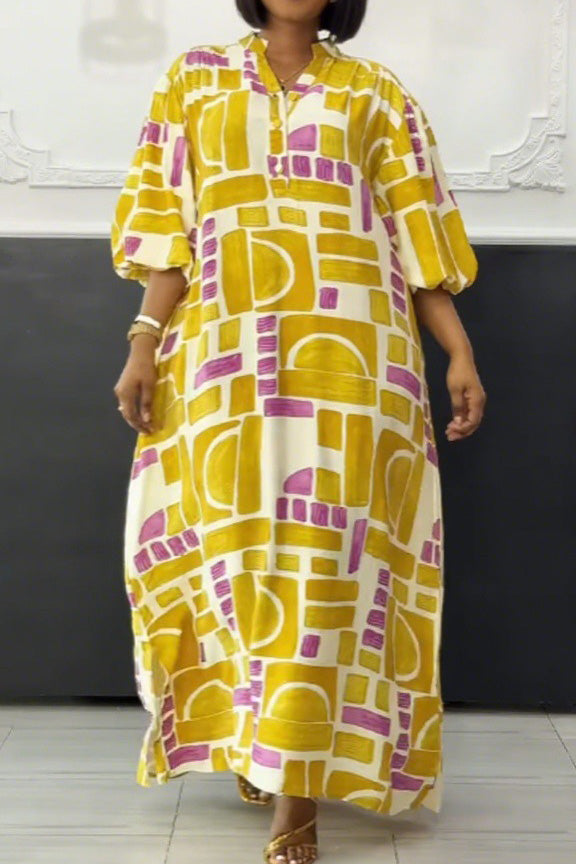 Print Buttons Basic V Neck Long Dresses Lavish Daily