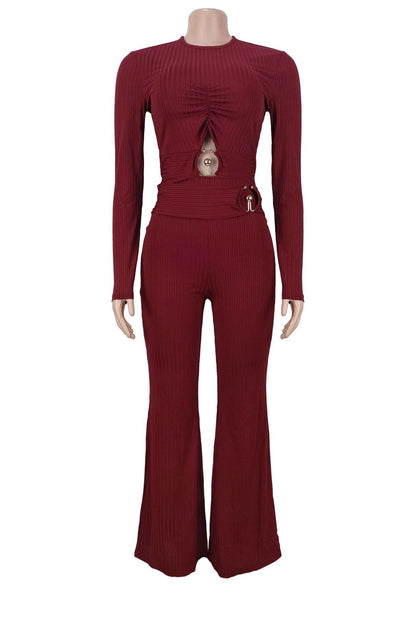 Ribbed Cutout Long-Sleeve Flared Jumpsuit Lavish Daily