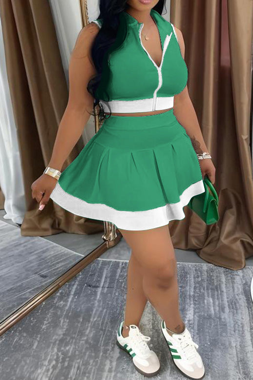Colorblock Sleeveless Zip Top and Skirt Outfit Lavish Daily