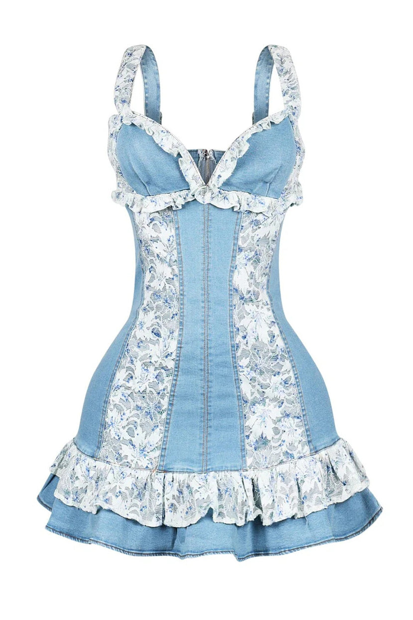 Denim Lace Trim Mini Dress Lavish Daily
