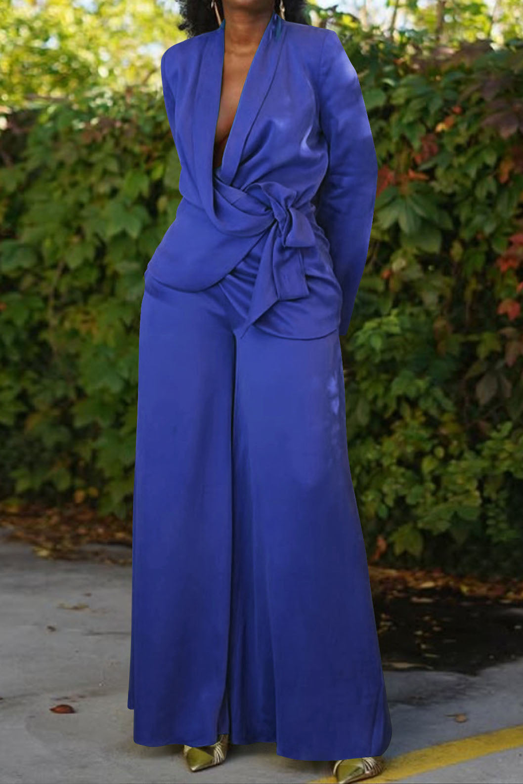 Plunging Wrap Tie Top & Wide Leg Pant Set Lavish Daily