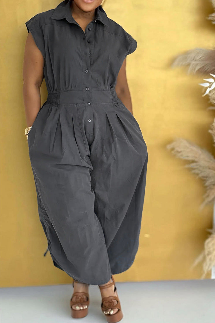 Lapel Sleeveless Buttoned Cargo Jumpsuit Lavish Daily