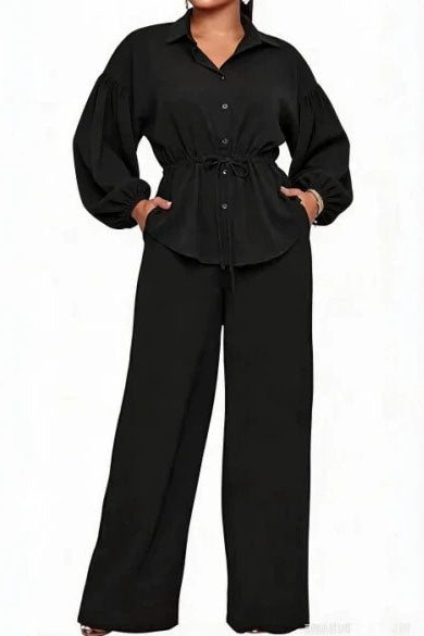 Drawstring Shirt & Wide Leg Pant Set Lavish Daily