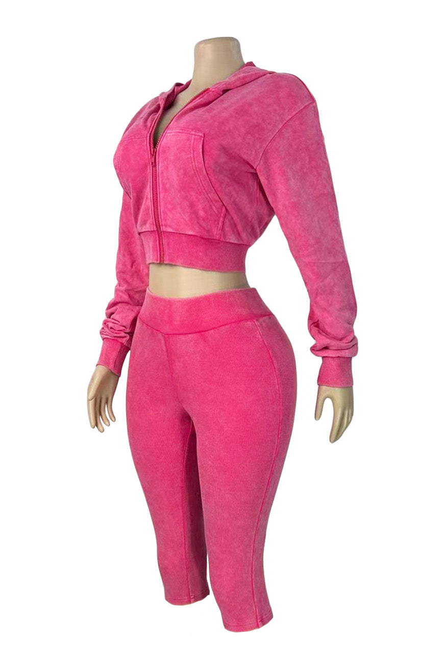 Washed Hoodie & Ribbed Capri Leggings Set Lavish Daily