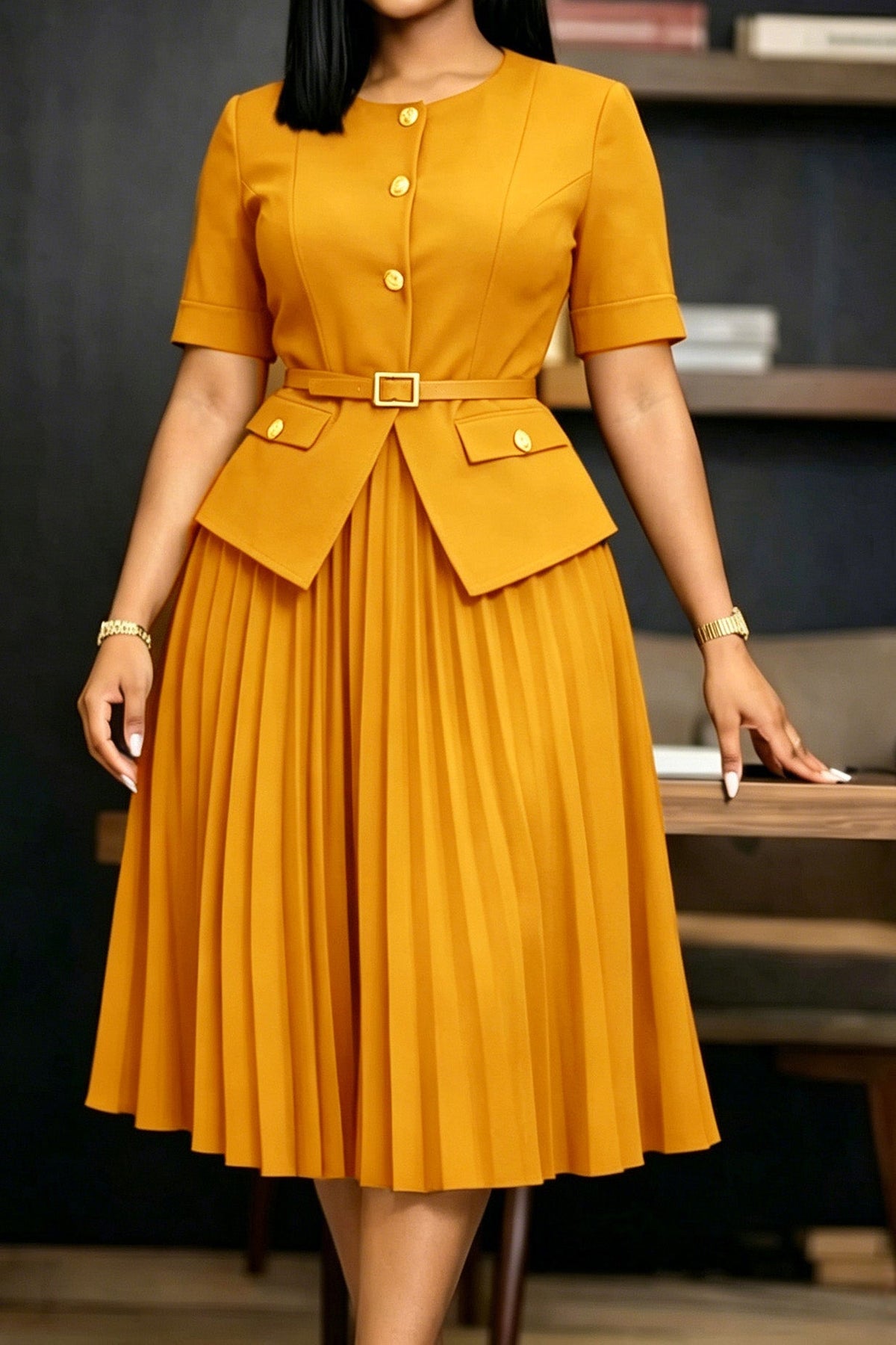 Mock 2-Piece Peplum Pleated Midi Dress Lavish Daily