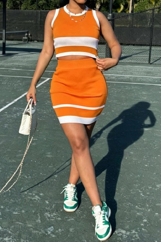 Ribbed Knit Colorblock Crop Top & Mini Skirt Set Lavish Daily