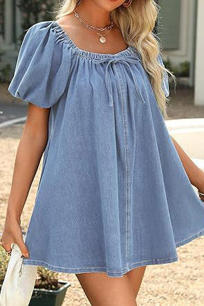 Bubble Sleeve Square Neck Denim Babydoll Dress Lavish Daily