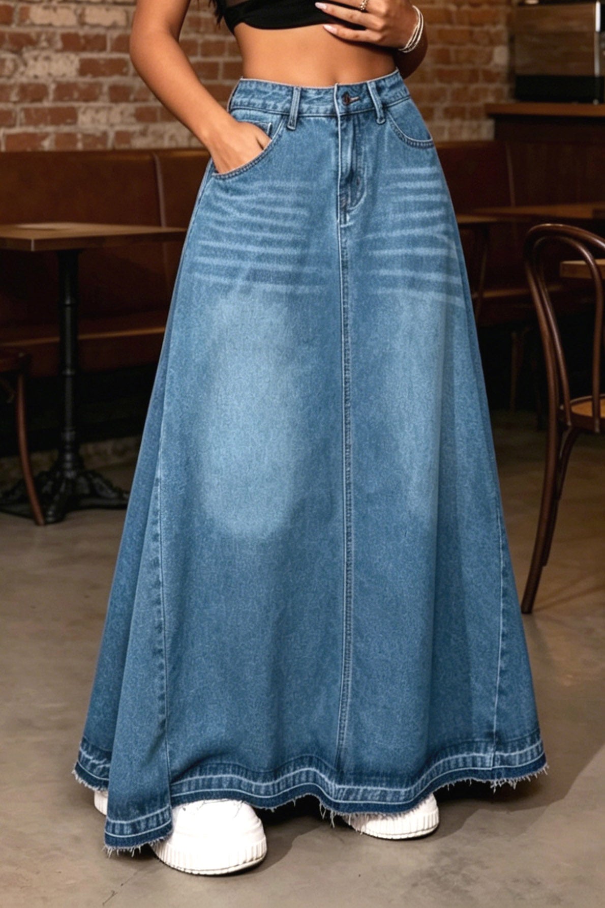 Raw-Hem A-Line Denim Maxi Skirt Lavish Daily