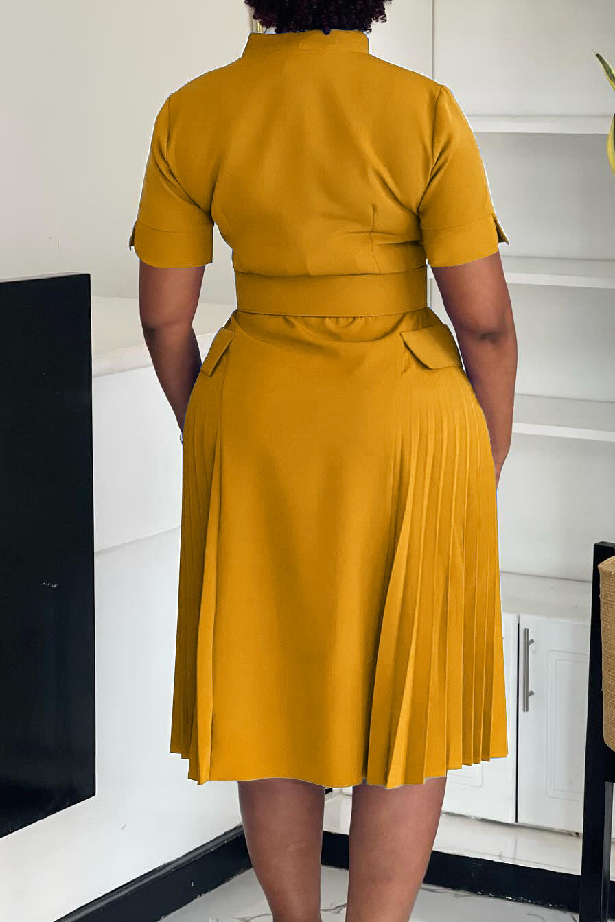 V-Neck Solid Color Plus Size Pleated Dress Lavish Daily