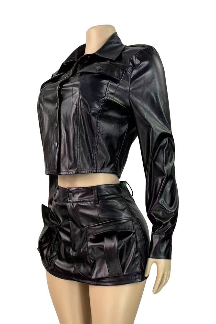 Faux Leather Stretch Button Top Skort Set Lavish Daily