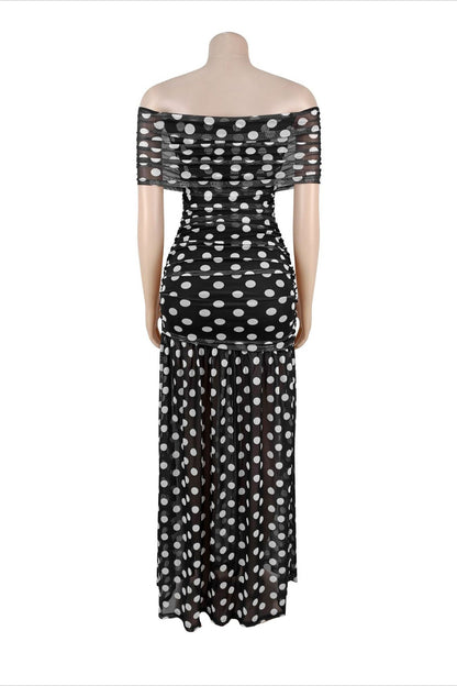 Off-Shoulder Polka Dot Ruched Maxi Dress Lavish Daily