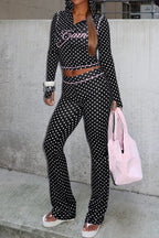 Polka Dot Letter Print Crop Hoodie Set Lavish Daily