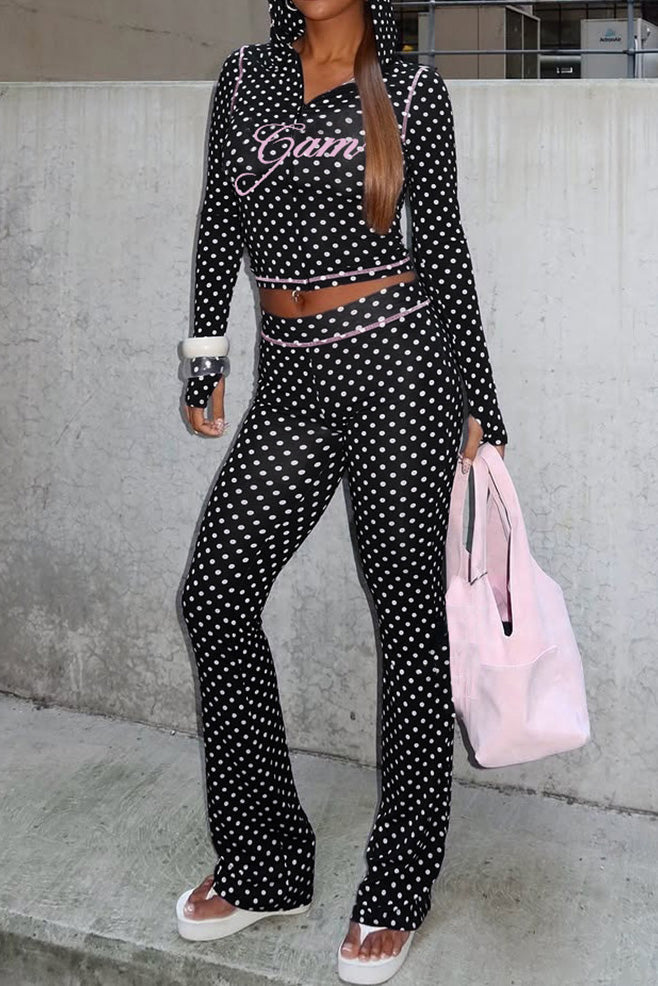 Polka Dot Letter Print Crop Hoodie Set Lavish Daily