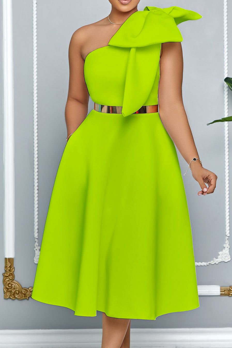 Single Shoulder Bow Detail Flare Midi Dress Lavish Daily