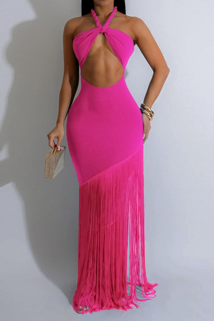 Halter Cutout Fringe Maxi Dress Lavish Daily