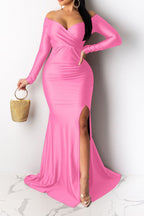 Off-Shoulder Long Sleeve Sweep Train Dress LavishDaily