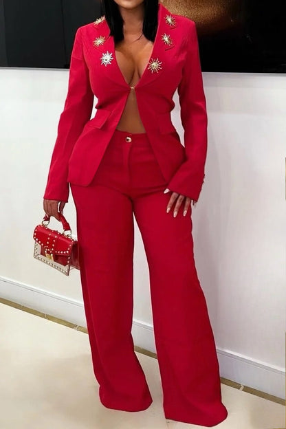 Elegant Lapel Blazer & Pants Set Lavish Daily