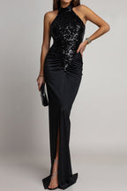 Sequin Ruffle Halter Maxi Dress LavishDaily